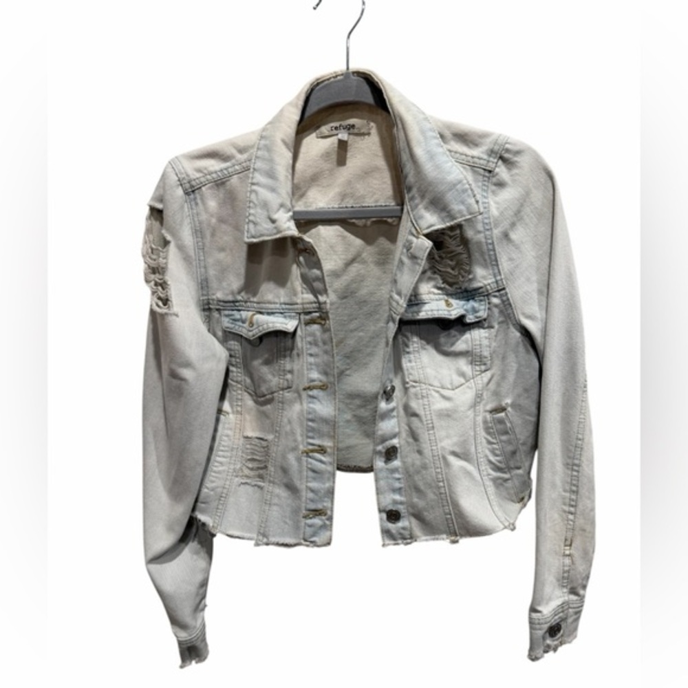 refuge Light White Distressed Cropped Denim Jacket. Gently loved.